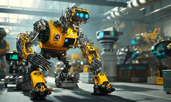 A large, yellow robot with glowing blue eyes stands in a futuristic industrial environment, showcasing advanced robotics and machinery.