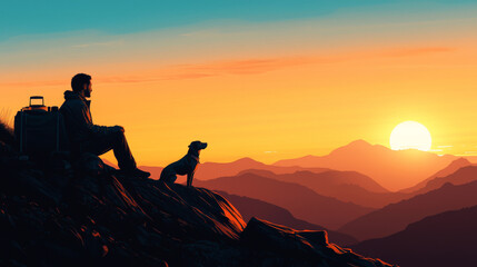 Fototapeta premium Man and dog enjoy sunset on mountain cliff, peaceful view