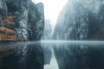 Misty Lake Surrounded by Towering Cliffs