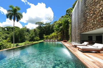 Luxury Infinity Pool Overlooking Lush Rainforest with Waterfall Feature