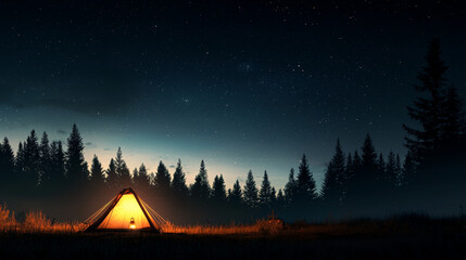 Tent with lantern glowing under starry night sky in forest