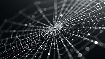 Naklejka premium Dew-Kissed Spiderweb, Intricate Silken Threads on Black