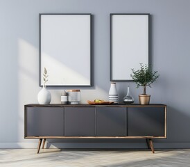 Two black framed posters above a dark wood cabinet with decorative items in a contemporary living room