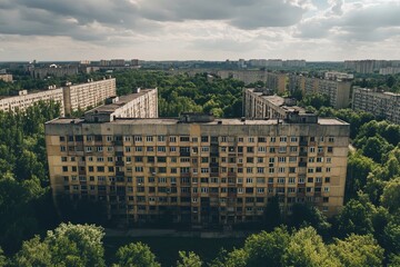 Obraz premium Soviet panel building.Panel housing.Soviet architecture.Soviet urbanism.A high-angle shot of a Soviet panel building from above