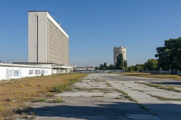 A side view of a Soviet panel building from a distance, with the building's facade.Panel housing.Soviet architecture.Soviet urbanism.Soviet panel building.