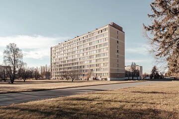 Obraz premium Panel housing.Soviet architecture.Soviet urbanism.Soviet panel building.A side view of a Soviet panel building from a distance, with the building's facade.
