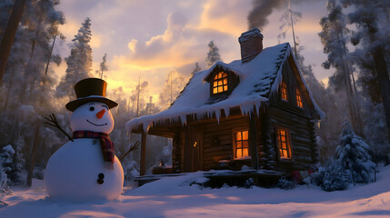 Naklejka premium Winter Wonderland Cottage: A charming snowman stands guard outside a cozy cabin nestled in a snowy forest, bathed in the golden glow of the setting sun. The scene evokes a sense of peace, warmth.