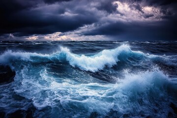 Fototapeta premium A turbulent ocean scene with dramatic waves and dark clouds, conveying nature's power.