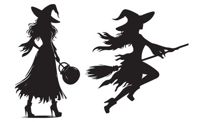 Black silhouette vector illustration of a flying witch on a broom, perfect for Halloween designs and fantasy art