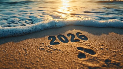 New Year, New Beginnings 2026 Etched in Golden Sand on a Picturesque Beach at Sunset