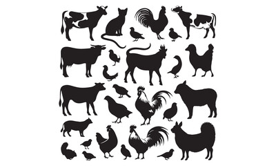 Black silhouette vector icon set of farm animals: cow, horse, pig, sheep, goat, chicken, duck