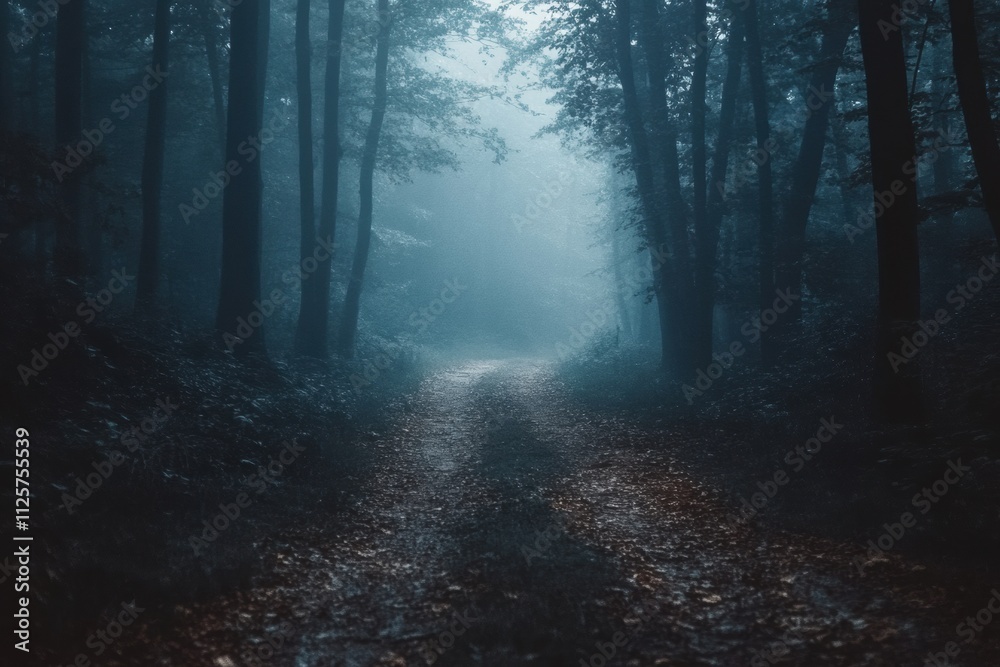 Leinwandbilder a serene pathway meanders through a misty forest, surrounded by tall trees and a quiet atmosphere in
