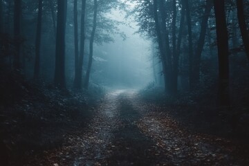 Fototapeta premium A serene pathway meanders through a misty forest, surrounded by tall trees and a quiet atmosphere inviting exploration. Generative AI