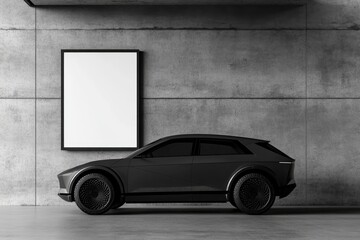 Sleek black electric SUV parked in a modern concrete garage with blank signage.