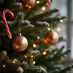Decoration Christmas Background Wallpaper Tree Bauble Lights Bulbs Warmth Candy Cane Gold Balls