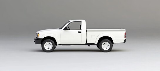 Side Profile of a White Single Cab Pickup Truck on a Gray Background