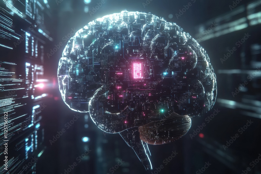 Fototapete a digital brain merges with circuits and holograms, showcasing the synergy of human intellect and ai