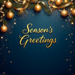 Holiday Wish Christmas Blue Background Pine Leaves Gold Balls Bauble Poster Seasons Greetings