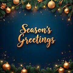 Naklejka premium Holiday Wish Christmas Blue Background Pine Leaves Gold Balls Bauble Poster Seasons Greetings