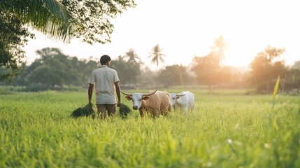 Farmer walking with cattle in rice paddy field at sunset.