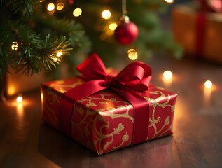 Christmas Product Photography Luxury Gift Box Present Wrapped Gold Red Ribbon Xmas Under Tree