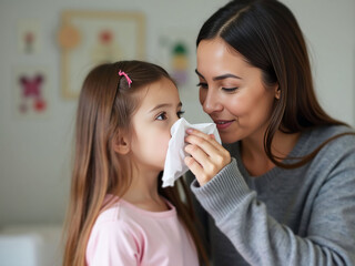 A nurturing woman assists a young boy with a tissue, conveying care and warmth in a cozy, softly decorated room.