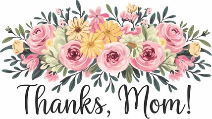 "Thanks, Mom!" in handwritten script over a bouquet pattern