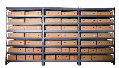 白い背景の棚に並んだ収納ボックス、整った印象の空間
