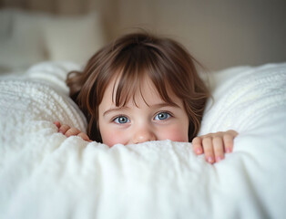 A child with brown hair peeks out playfully from a fluffy white pillow, vibrant blue eyes radiating warmth and coziness.