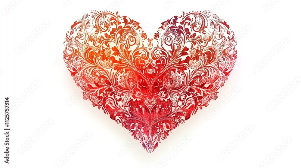Poster a decorative heart design featuring intricate floral patterns in red and white hues.
