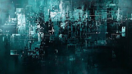 Abstract teal digital glitch background.