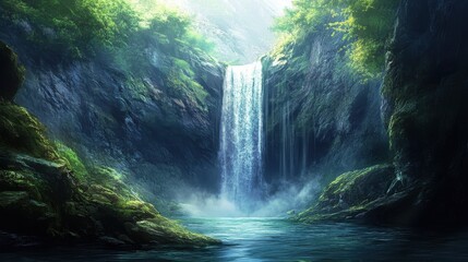 Serene waterfall cascading down lush green cliffs into a tranquil pool.