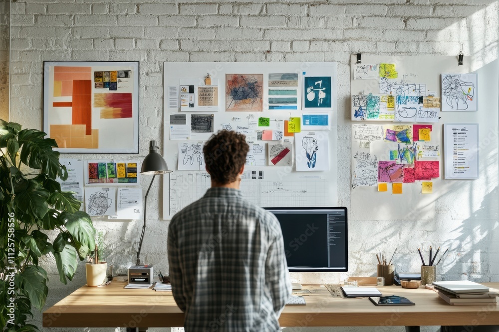 Fototapete one side features a clean, minimalist workspace while the other displays a collection of colorful ar