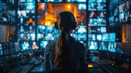 Woman in control room monitoring numerous screens.