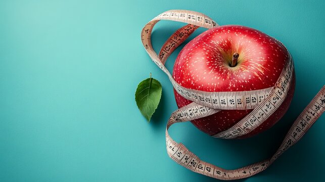 Red Apple Wrapped in Measuring Tape on Blue Background Healthy Eating, Weight Loss Concept