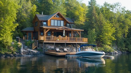 Lakeside log cabin home with boat dock.