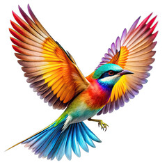 A beautiful bird with a striking array of colorful feathers flies gracefully displaying its wings in a breathtaking manner against a clear backdrop