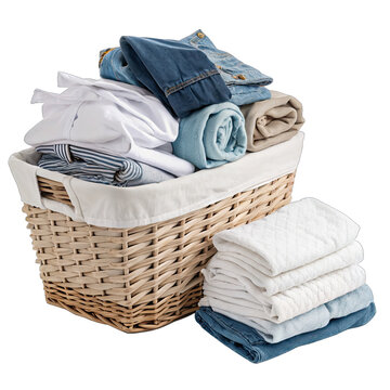 A basket filled with clean laundry showcases various neatly folded clothes and towels emphasizing order and cleanliness in domestic chores