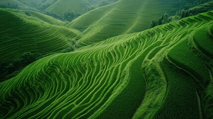 Fototapeta premium Lush green rice terraces cascading down hillside.