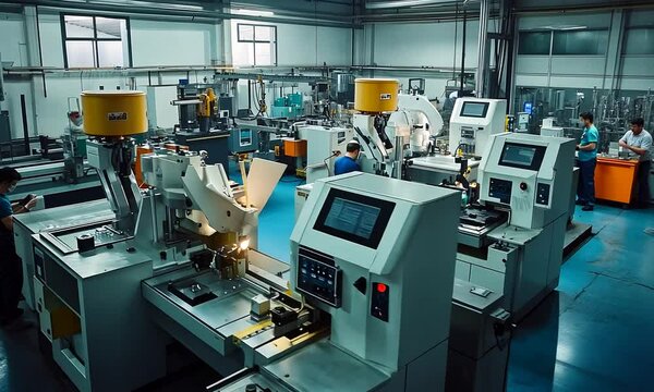 A modern industrial workspace featuring advanced machinery and robotic arms, highlighting automation in manufacturing processes.