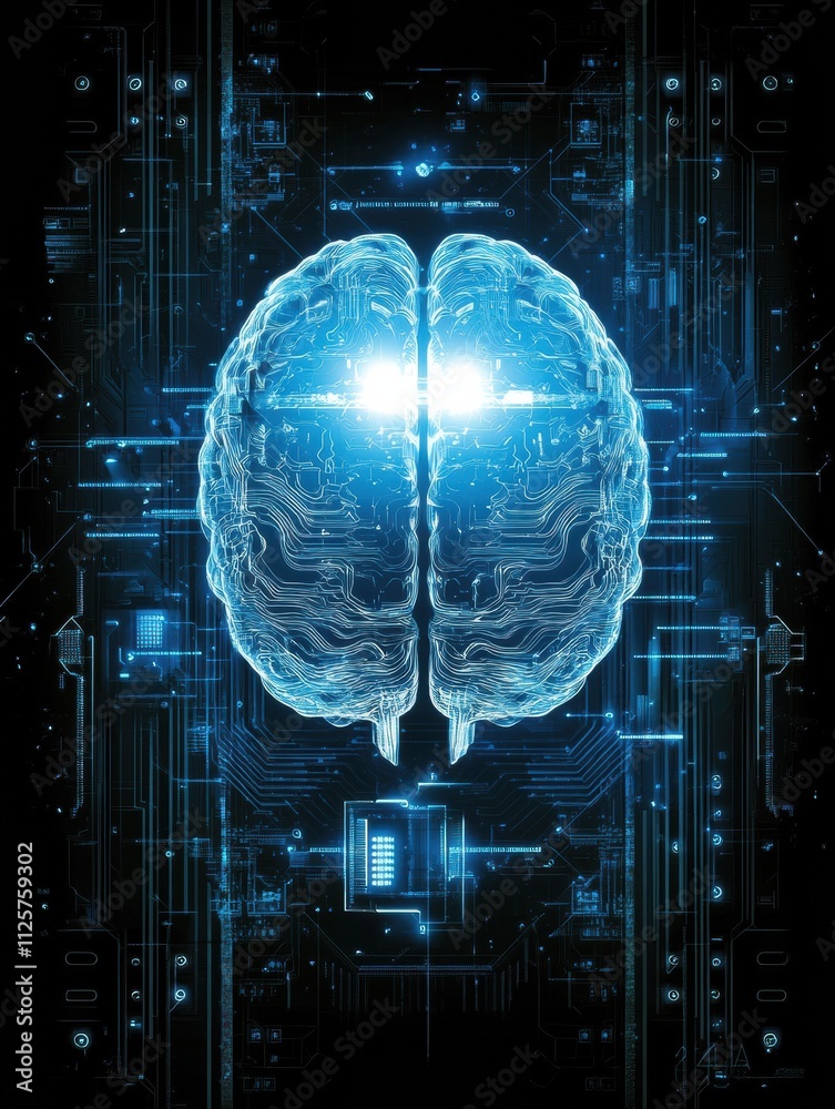 Aufkleber A digital brain connects with AI features like circuits and holographic projections, illustrating advanced technology in a futuristic setting. Generative AI