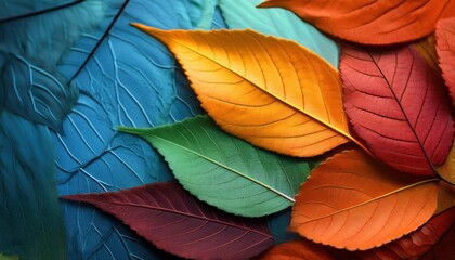 Fototapeta premium Autumnal Symphony: A vibrant collection of leaves in rich autumnal hues, showcasing a captivating interplay of colors and textures.