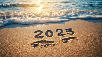 New Year, Fresh Start. Footprints Trailing Towards 2025 Etched in a Tropical Beach at Sunset