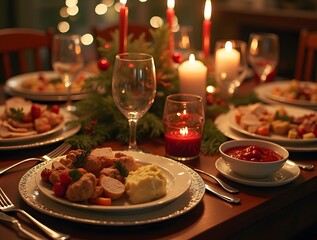 Naklejka premium Food Photography Warm Family Dinner Table Christmas Turkey Candles Bokeh Holiday Season
