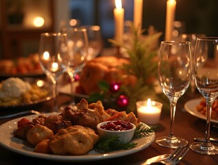 Food Photography Warm Family Dinner Table Christmas Turkey Candles Bokeh Holiday Season