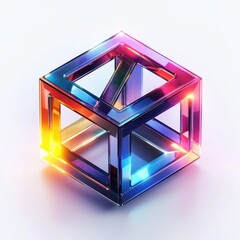 A colorful, translucent cube with a geometric design and vibrant lighting.