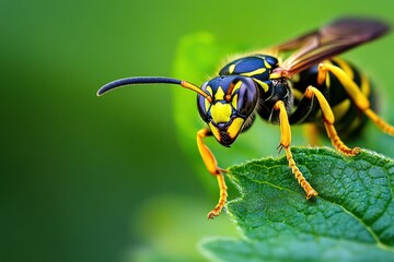 Naklejka premium Macro Photography of a Wasp on a Leaf