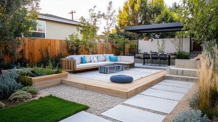 Modern backyard patio with raised deck, seating area, pergola, and landscaping.