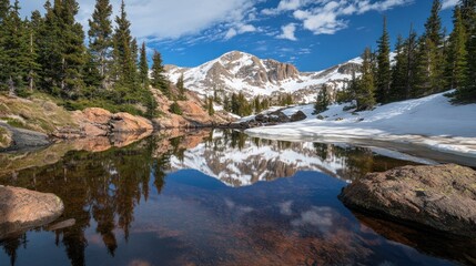 Mountain lake reflection in spring.