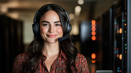 A female CEO of a tech startup, confidently walking through a data center with a headset and laptop